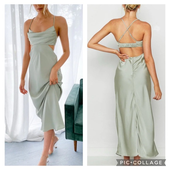 NWT Beginning Boutique cut out maxi dress in Sage. Silky backless strappy sheath - Picture 2 of 15